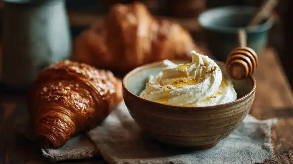 Whipped ricotta served with drizzled honey on croissants for a delicious breakfast.