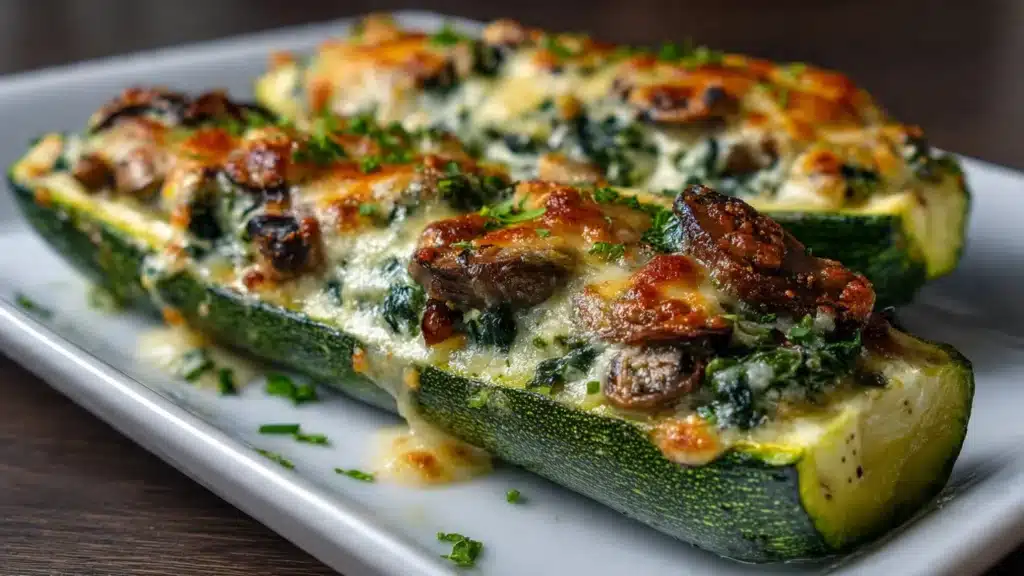 Zucchini boats filled with spinach, mushroom, and ricotta cheese