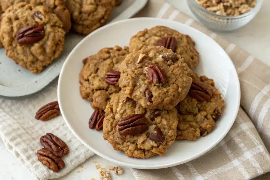 Bakery-style pecan pie oatmeal cookies on a wooden table