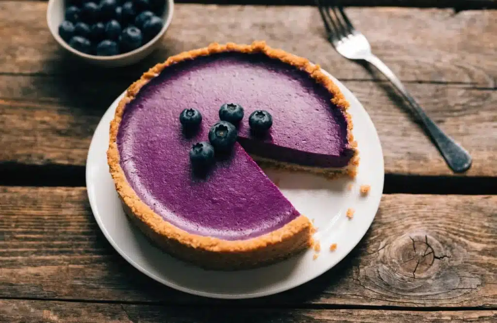 Slice of blueberry cream pie topped with whipped cream and fresh blueberries