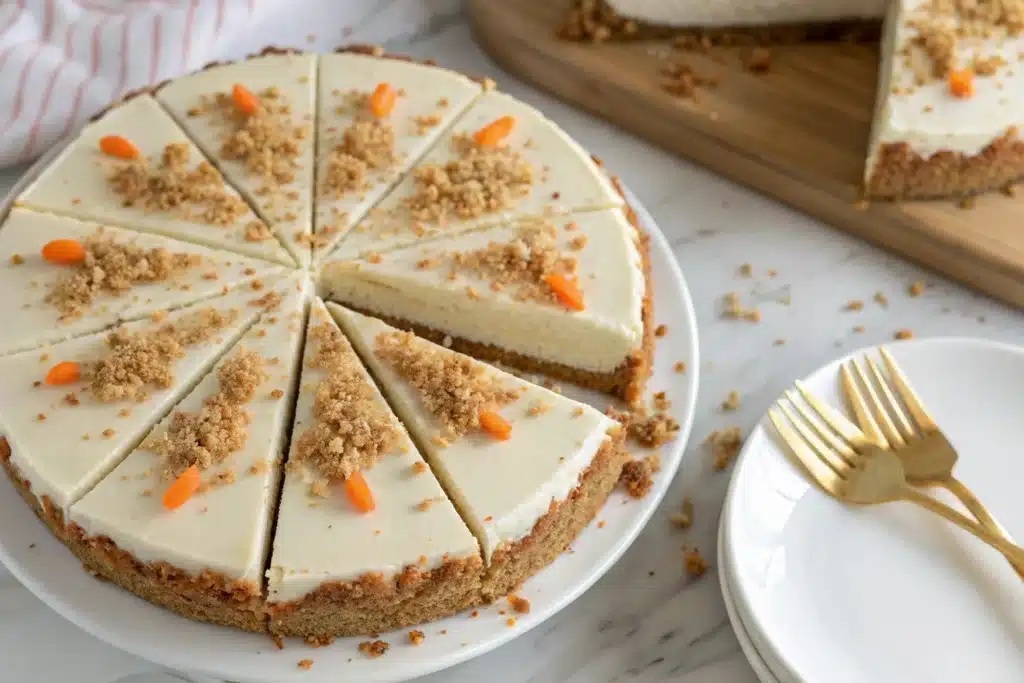 Slice of creamy carrot cake cheesecake with frosting and spices on a plate