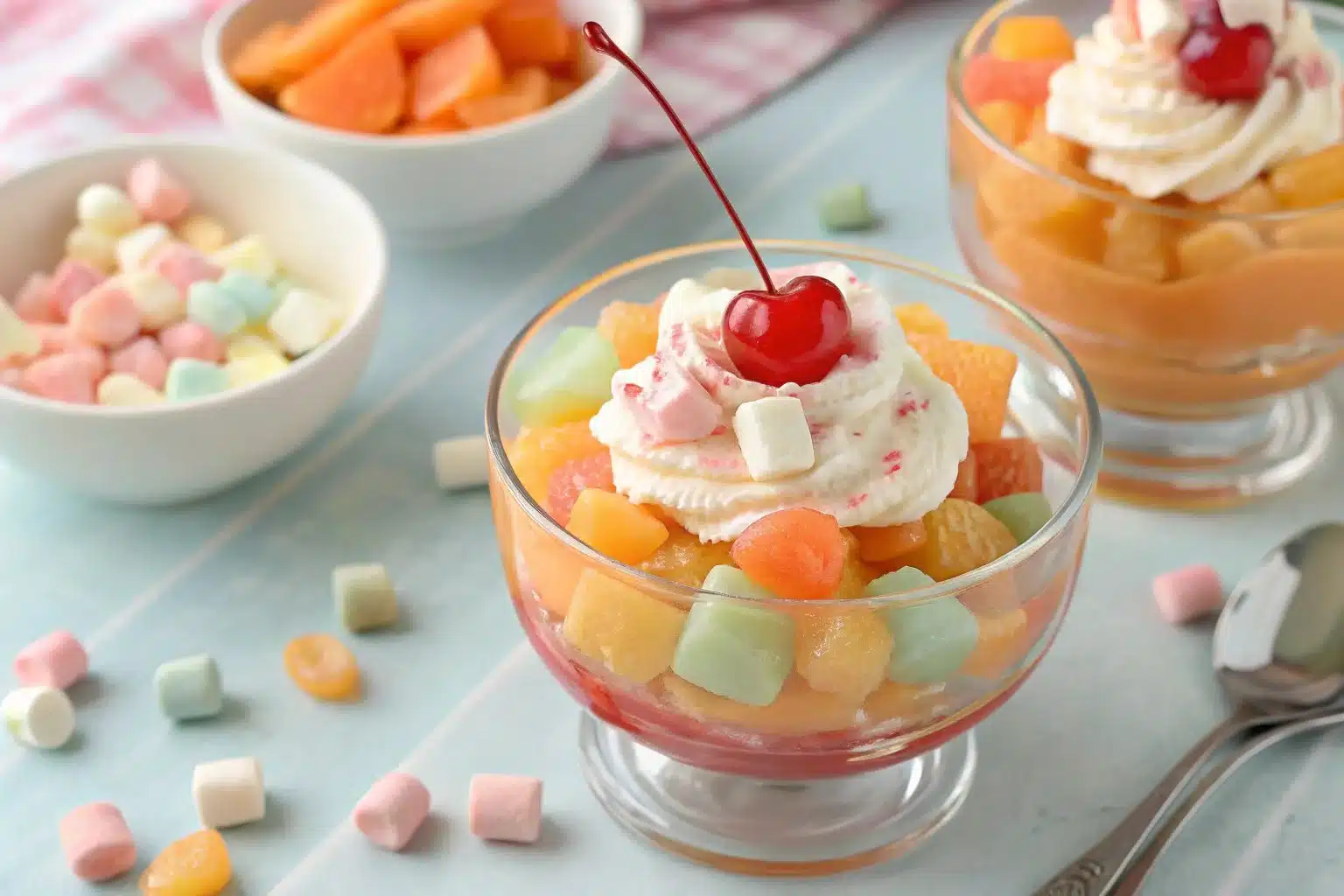 Delicious Frog Eye Salad with fruit and marshmallows in a bowl