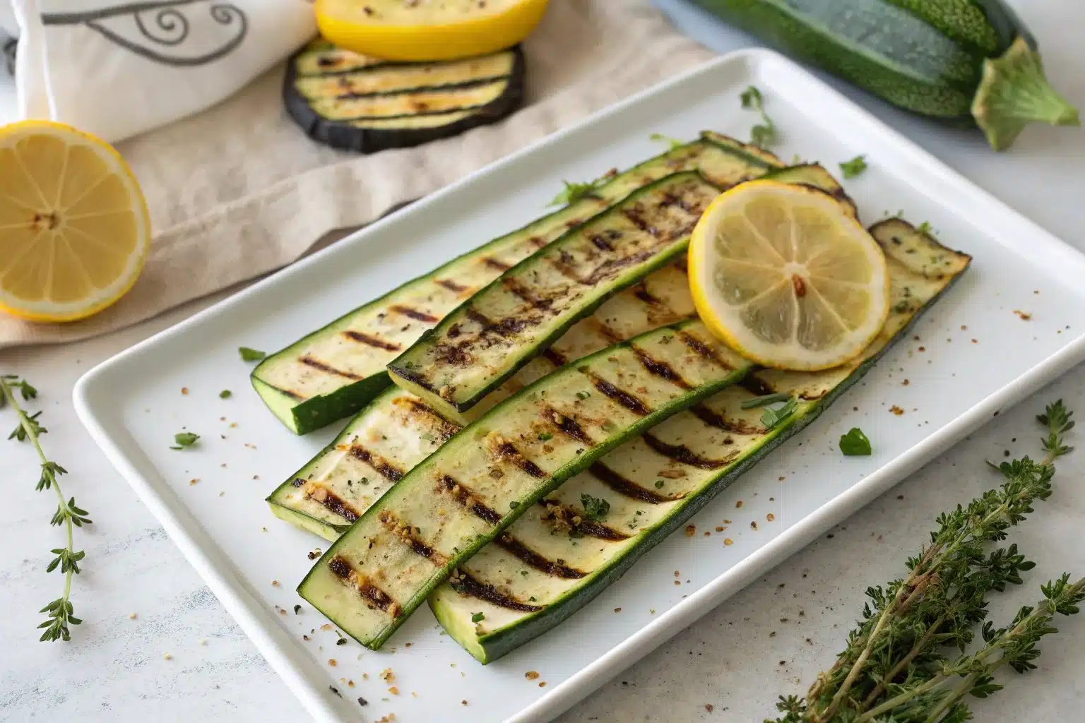 Grilled zucchini spears garnished and ready to serve as a summer side dish.