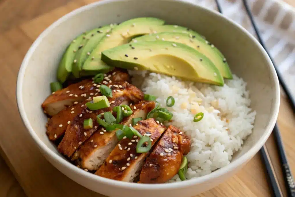 Honey Lime Chicken served with Avocado Rice Stack, a healthy delicious meal.