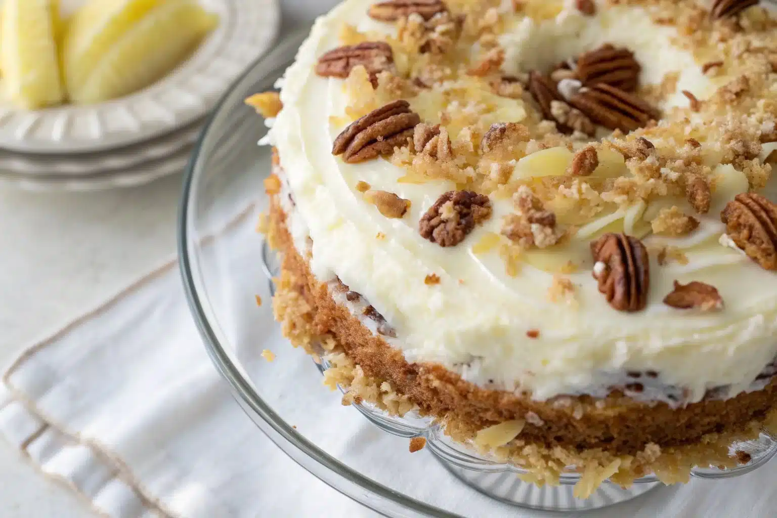 Deliciously moist Hummingbird Cake topped with cream cheese frosting and fresh fruit