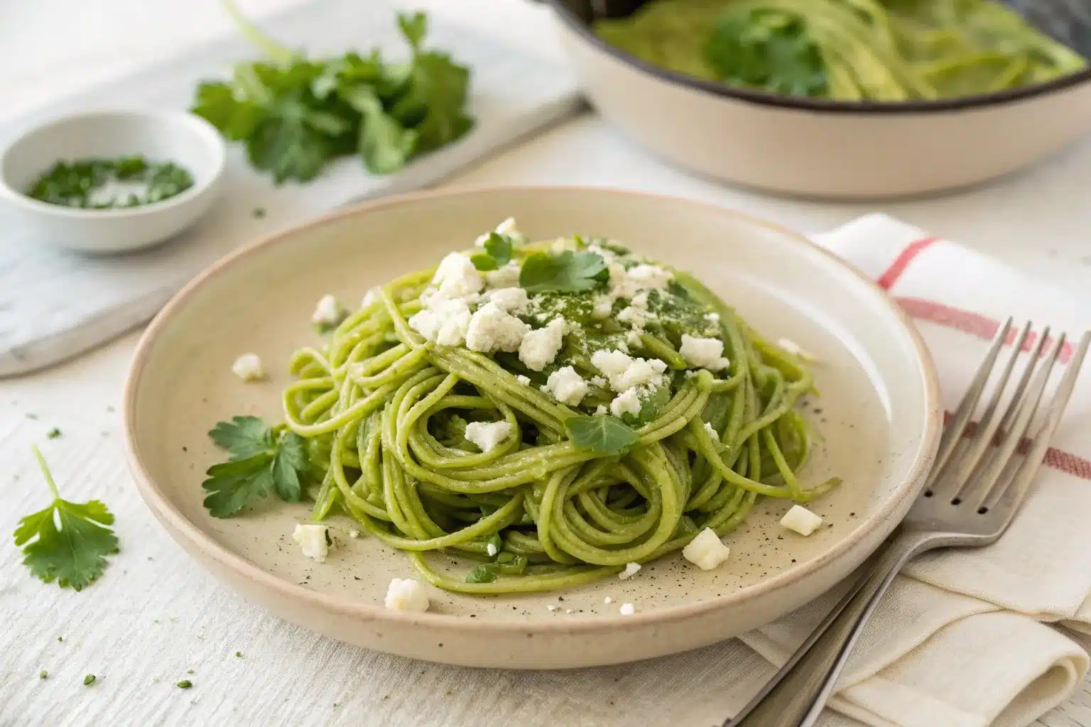Dish of Mexican green spaghetti garnished with fresh herbs and vegetables