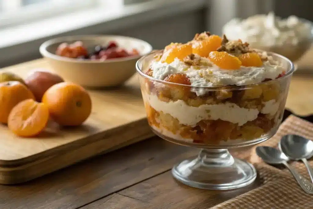 Bowl of Old Fashioned Ambrosia fruit salad with colorful fruits