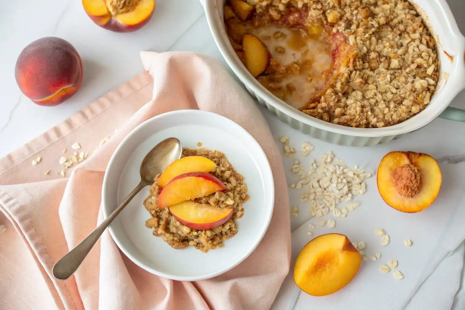 Delicious peach baked oatmeal served in a bowl for a healthy breakfast