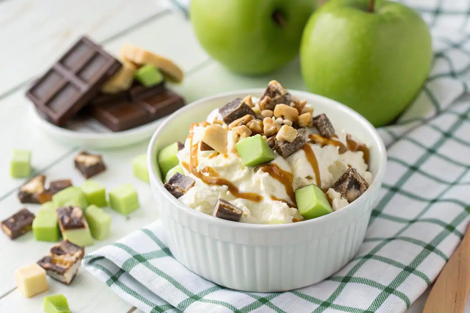 Delicious Snickers Salad made with Snickers bars, apples, and whipped cream