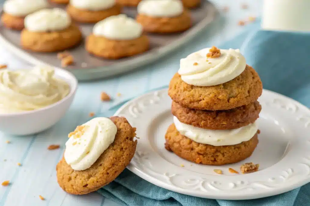 Soft carrot cake cookies with cream cheese frosting on a plate