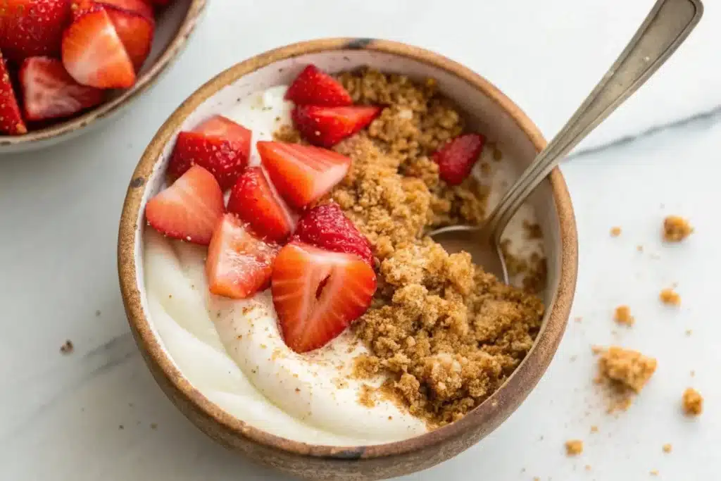 Delicious strawberry cheesecake yogurt bowl topped with fresh strawberries.