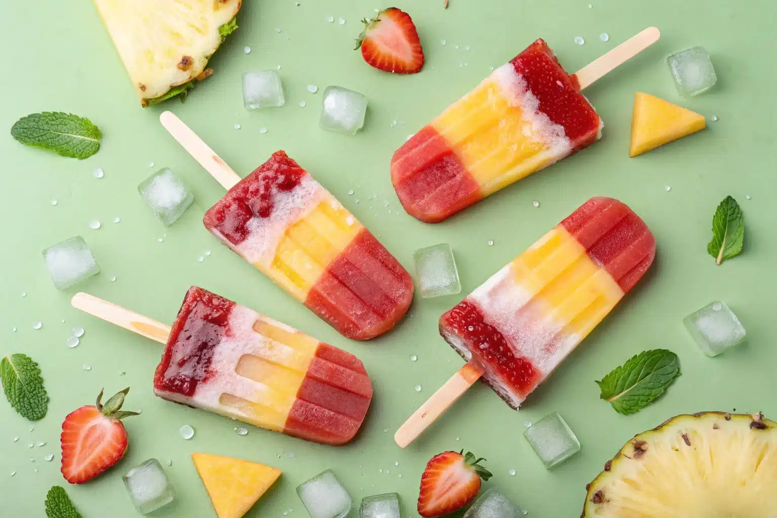 Homemade strawberry pineapple popsicles on a wooden table