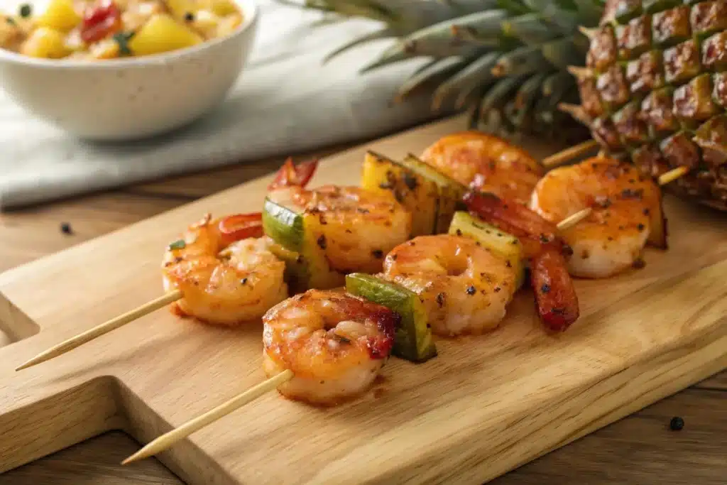 Delicious sweet and spicy pineapple shrimp skewers on a grill.