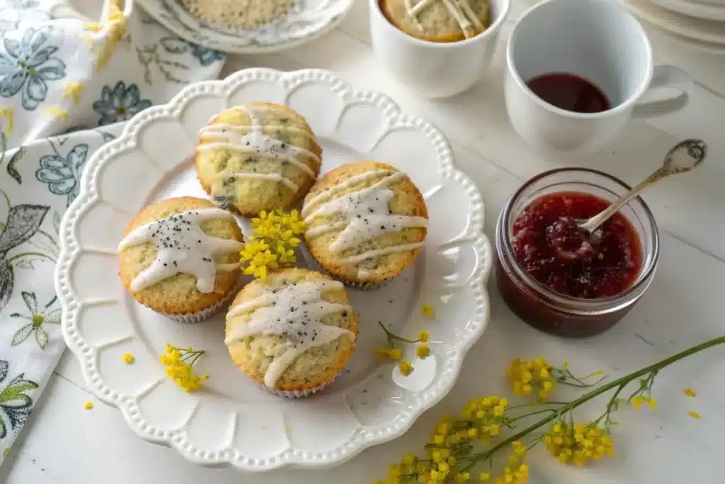 Freshly baked lemon poppy seed scones on a plate with lemon slices