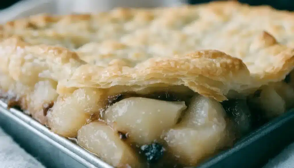 Delicious homemade Apple Slab Pie served on a rustic wooden table