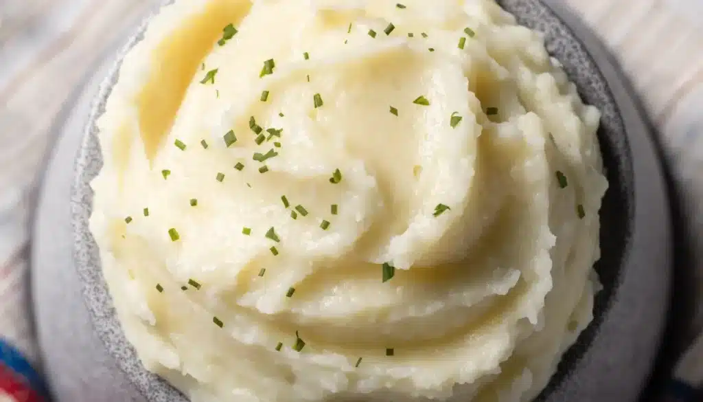 Bowl of creamy Southern mashed potatoes garnished with herbs