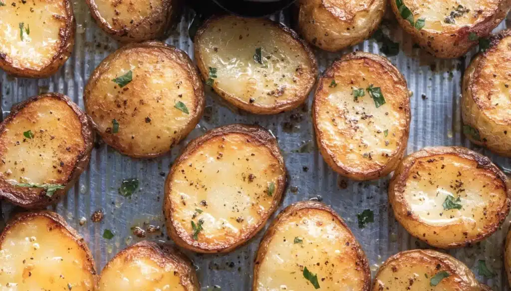 Crispy smashed potatoes on a plate, garnished with herbs and spices.