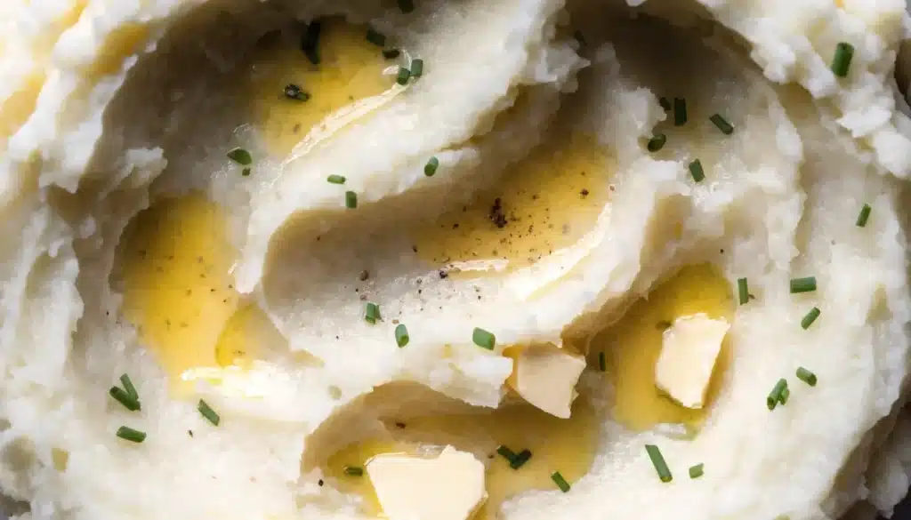 Bowl of creamy easy garlic mashed potatoes with garlic cloves and herbs