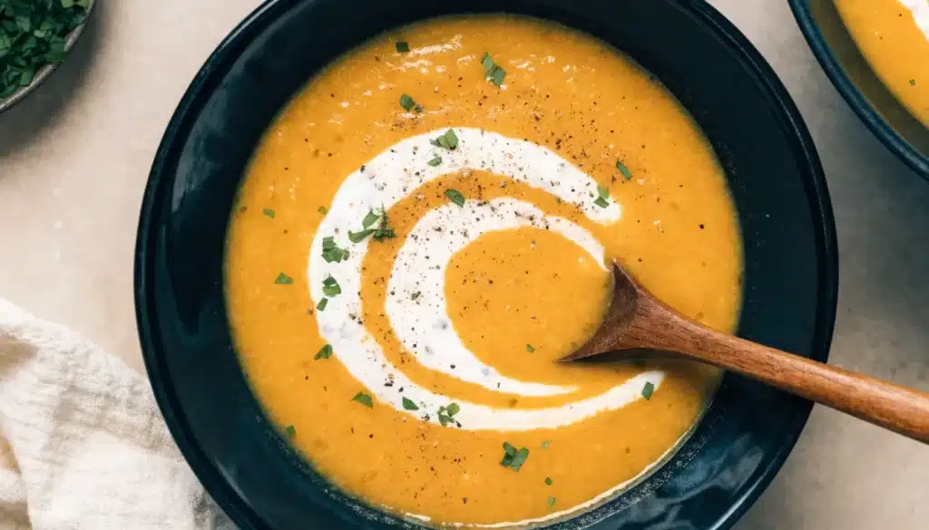 Delicious maple roasted sweet potato carrot soup in a bowl, garnished with herbs.