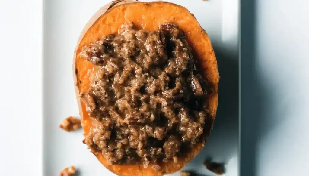 Twice-baked sweet potatoes topped with pecan pie filling and nuts.