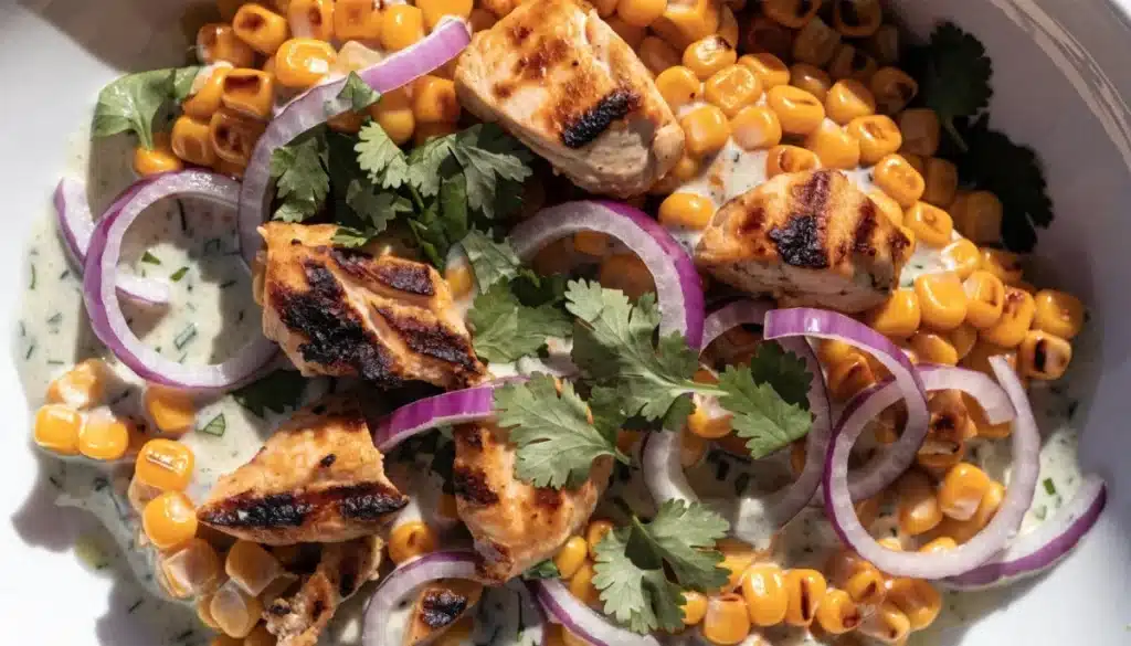 High protein chicken street corn salad for easy lunch prep