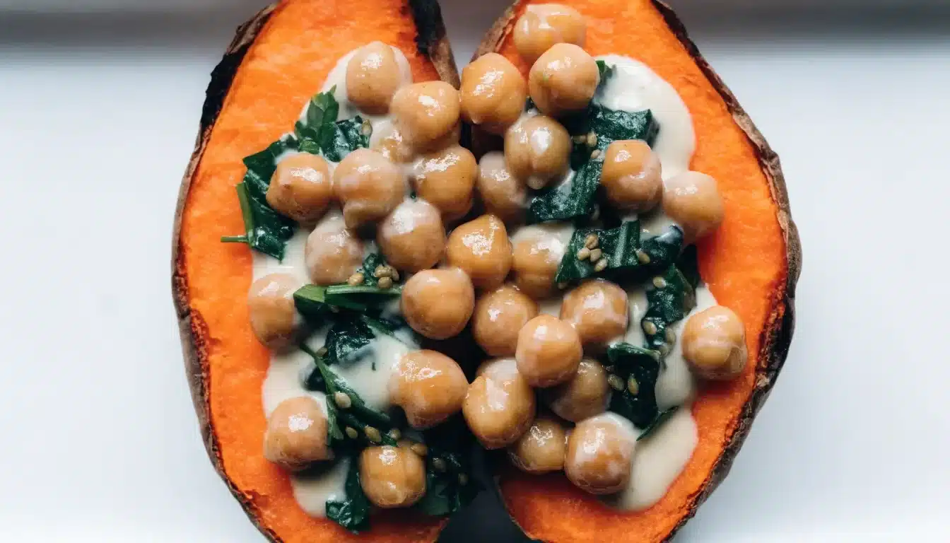 Stuffed Sweet Potato with Crispy Chickpeas, Spinach and Tahini Recipe