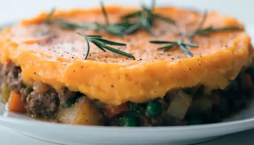 Sweet Potato Shepherd's Pie with Ground Turkey served in a baking dish.